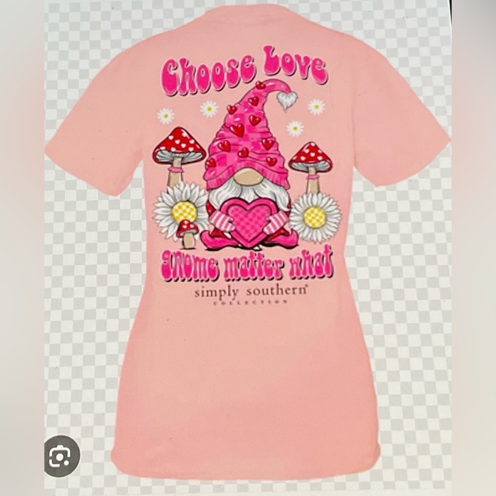 Simply Southern Pink Tee with Choose Love Gnome Matter What. Size Large